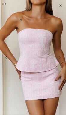 HELLO MOLLY Set SZ 6 Pretty Please Denim Pink Rose Strapless Top Mini Skirt NWT